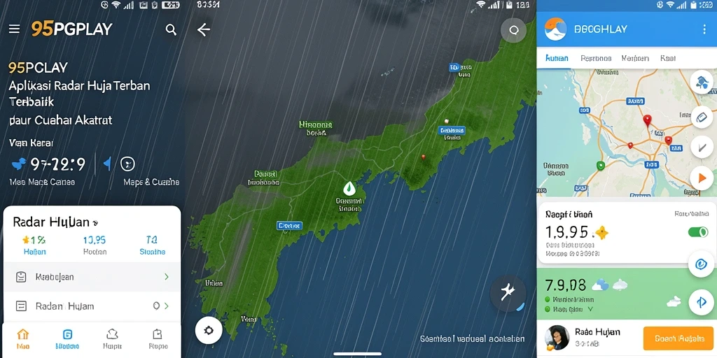 Antarmuka aplikasi 95PGPLAY menampilkan peta radar hujan yang interaktif.